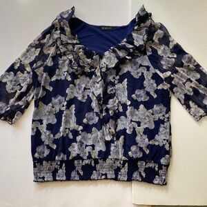 INC International Concepts Navy Floral Ruffle-Neck Blouse